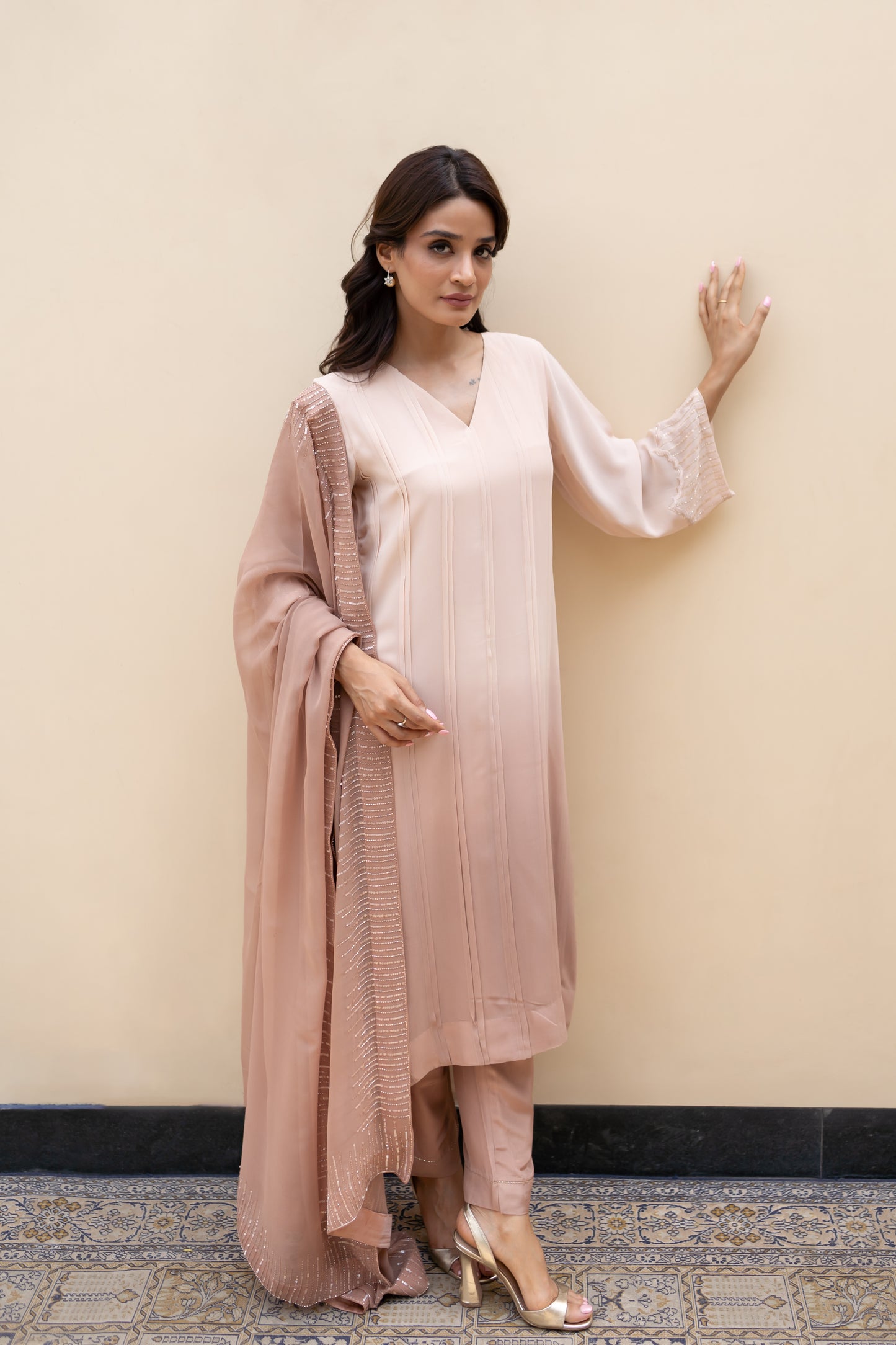 Pastel Brown Ombre Georgette kurta with pintucks