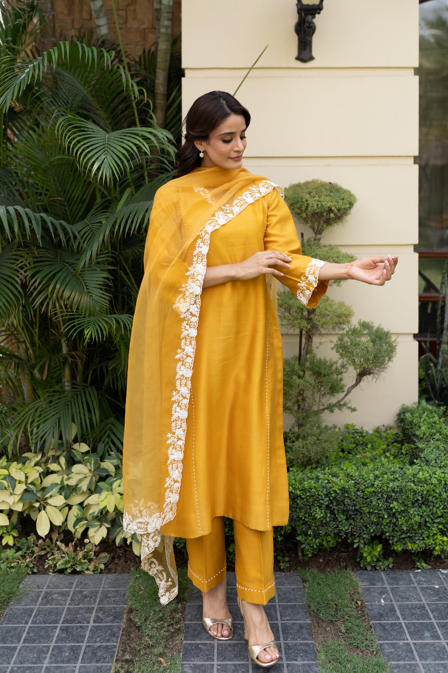 Mustard Parsi thread work shoulder kali kurta