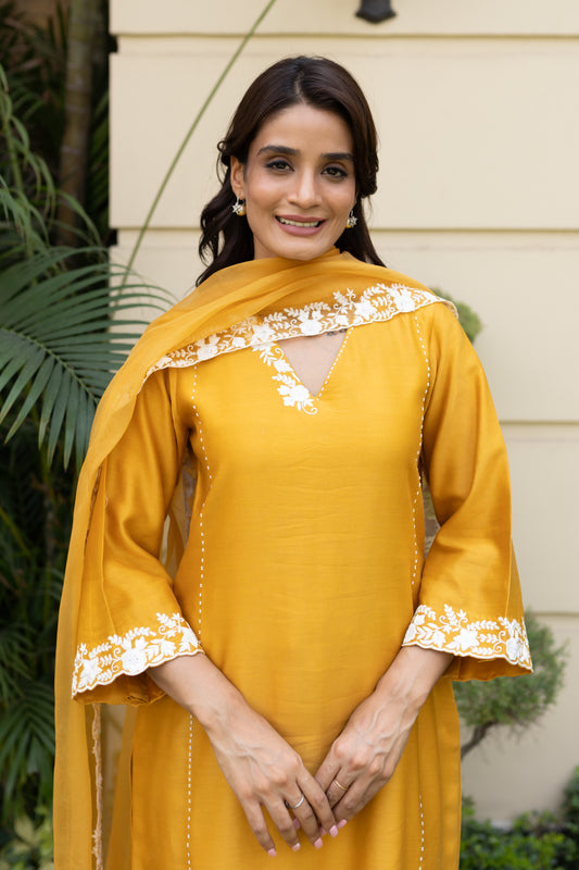 Mustard Parsi thread work shoulder kali kurta