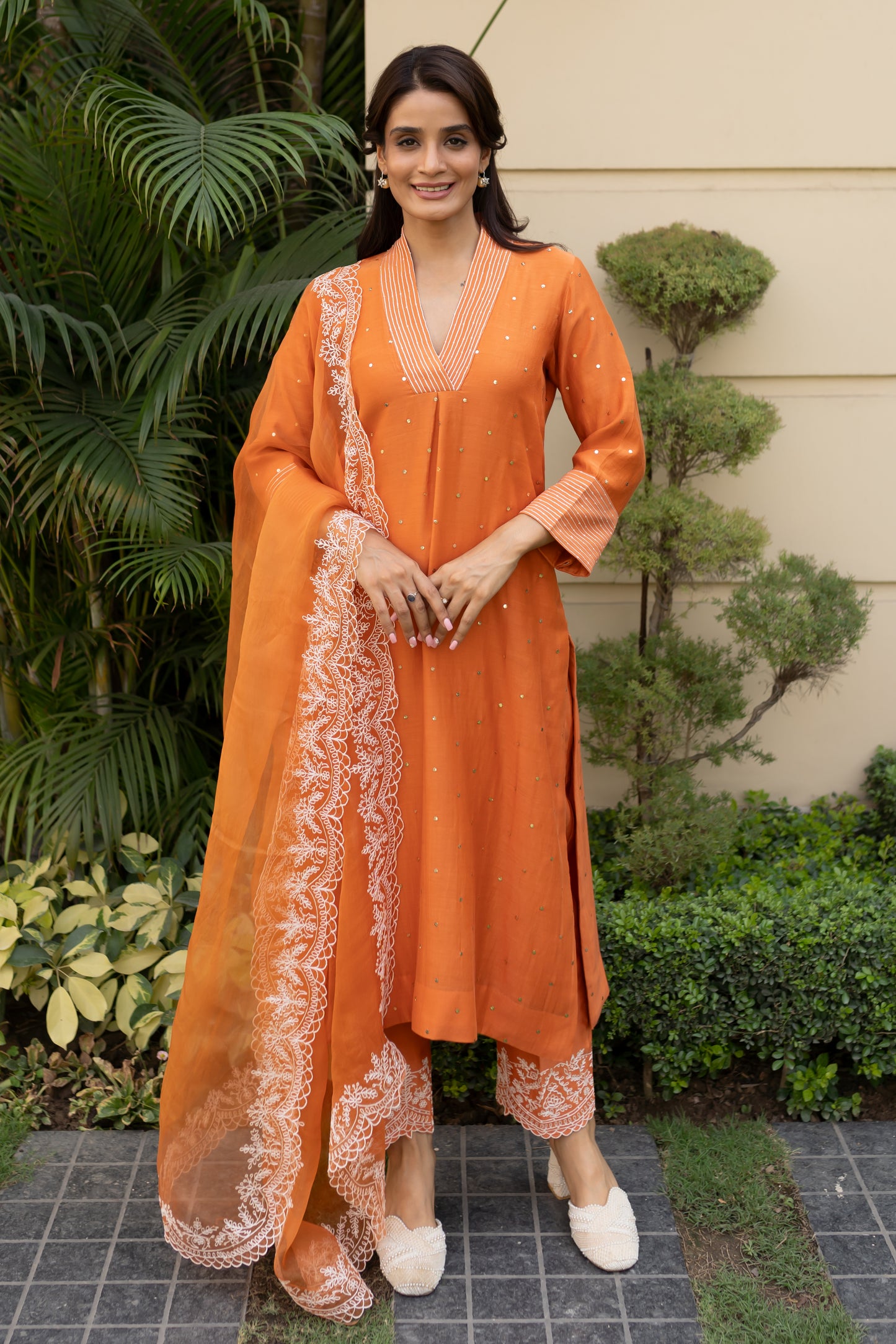 Burnt Orange Mukaish kurta with a box pleat