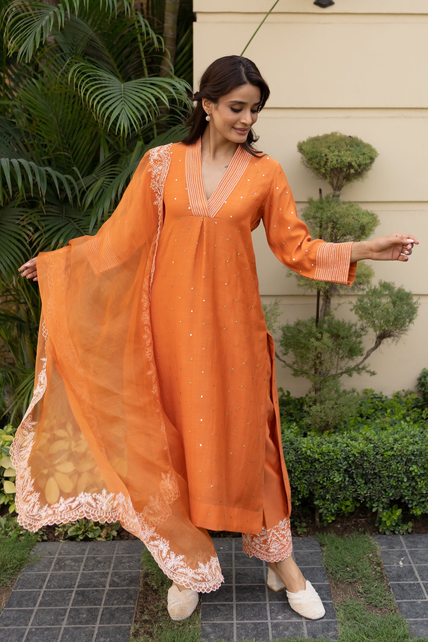 Burnt Orange Mukaish kurta with a box pleat