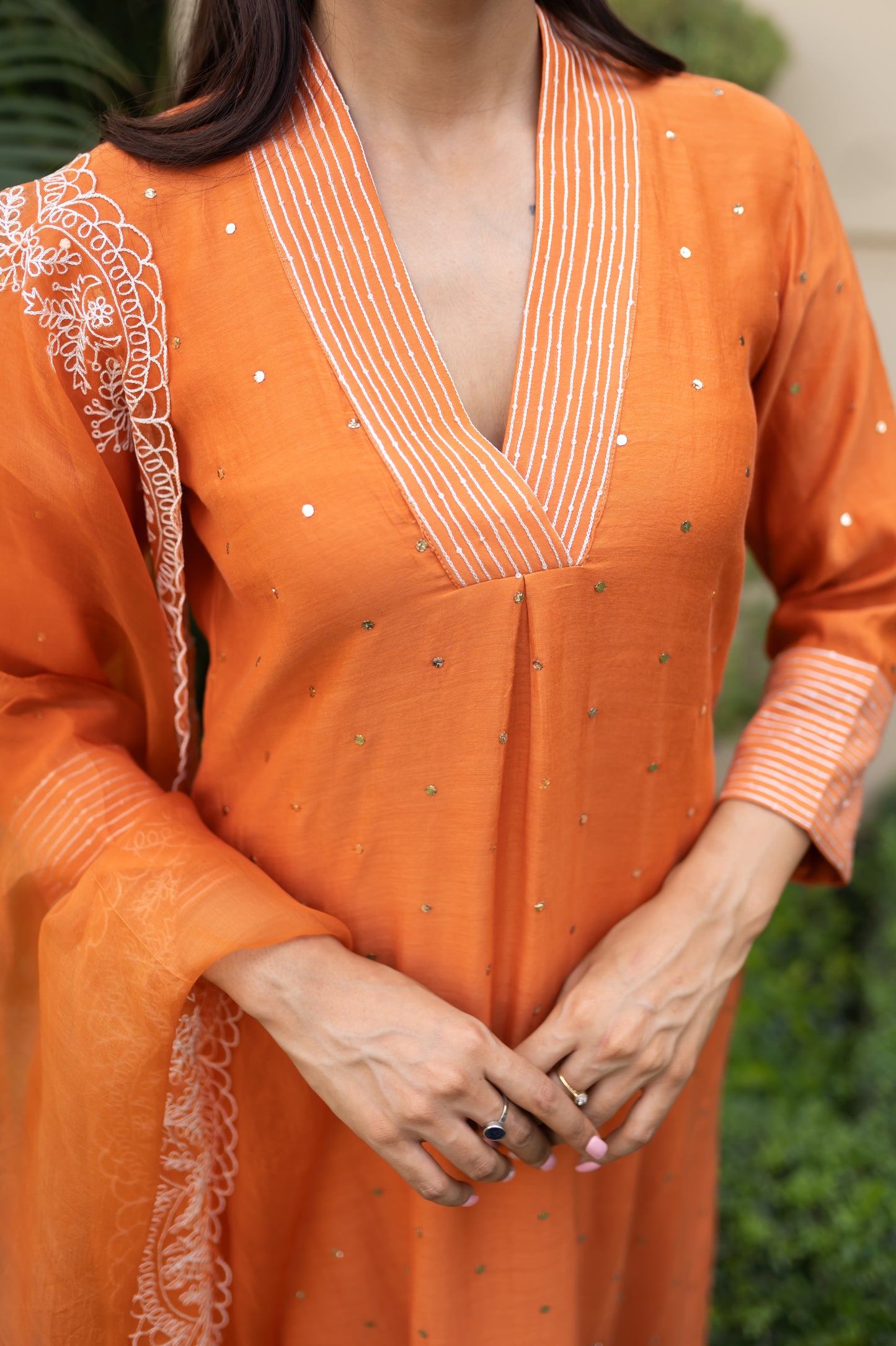 Burnt Orange Mukaish kurta with a box pleat