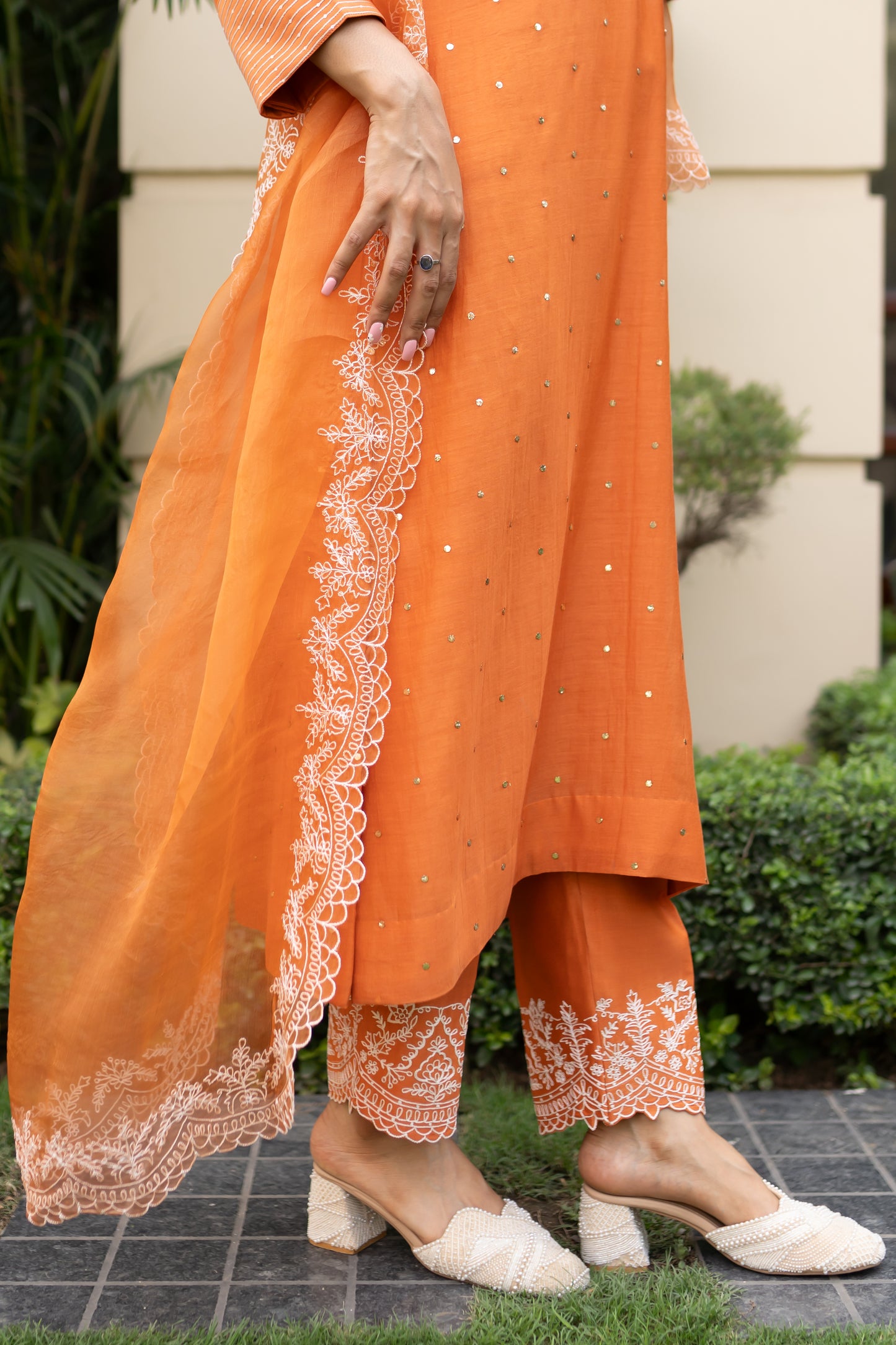 Burnt Orange Mukaish kurta with a box pleat