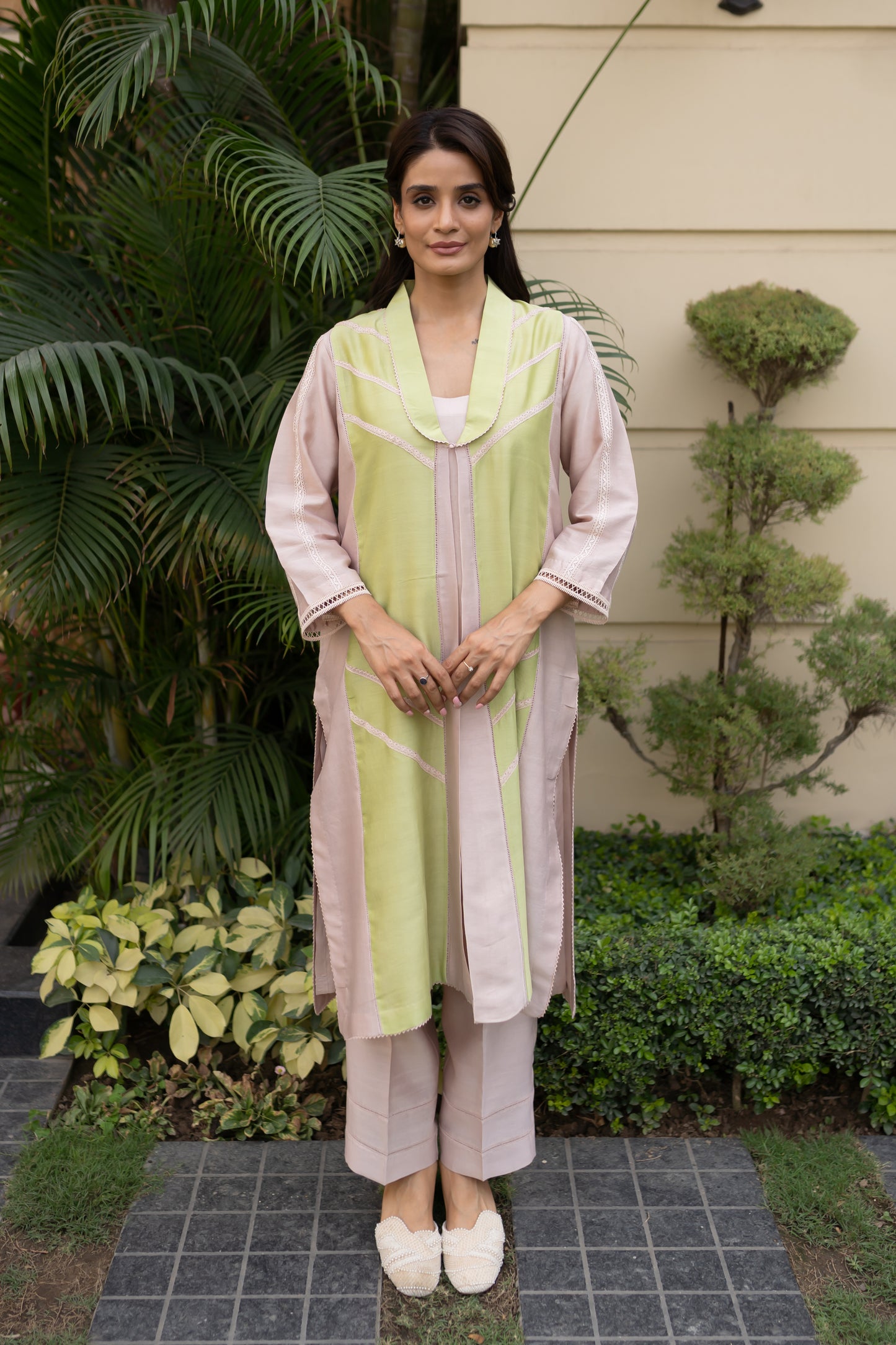 Nude & Apple Green color blocked Jacket