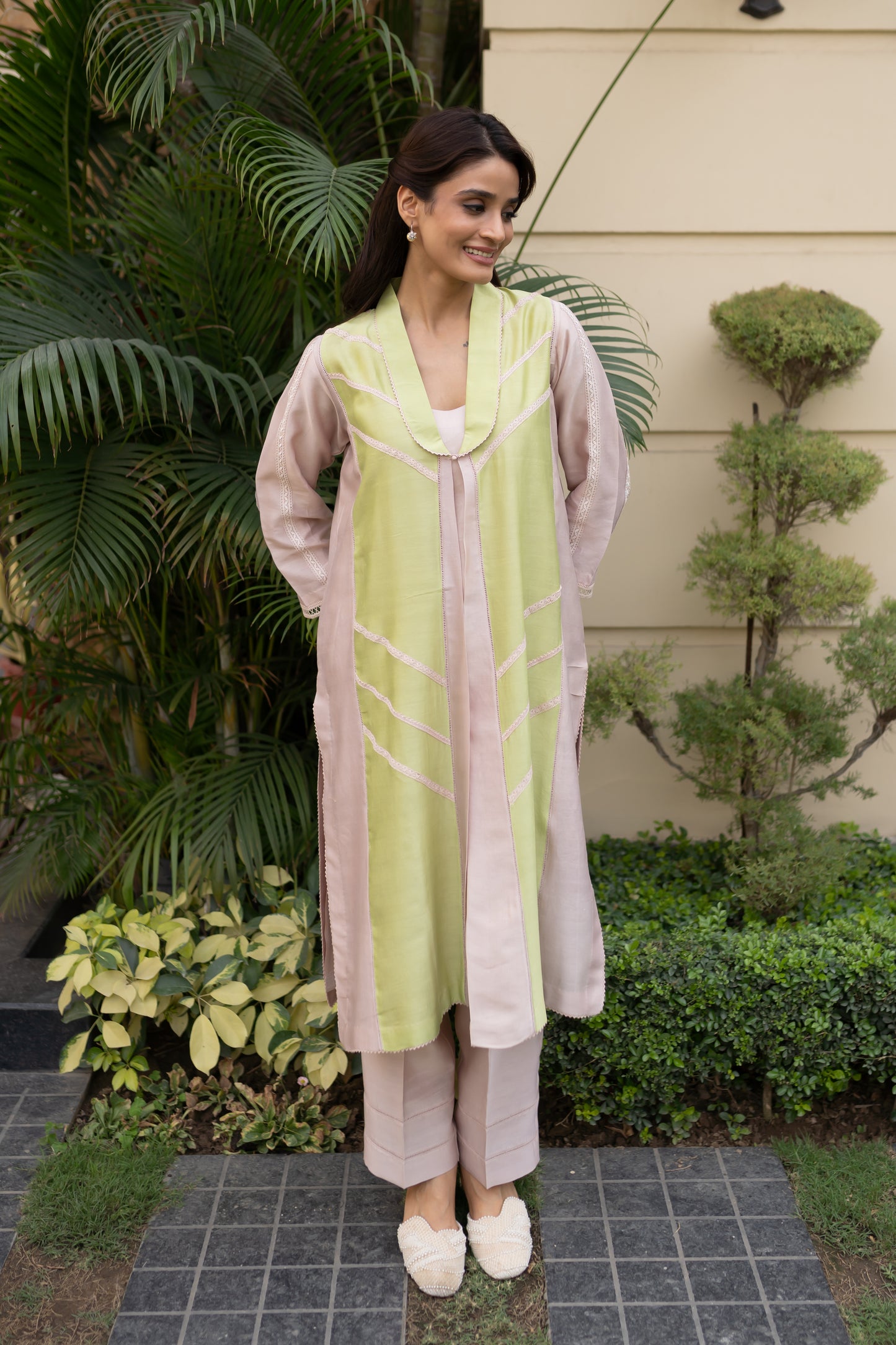 Nude & Apple Green color blocked Jacket