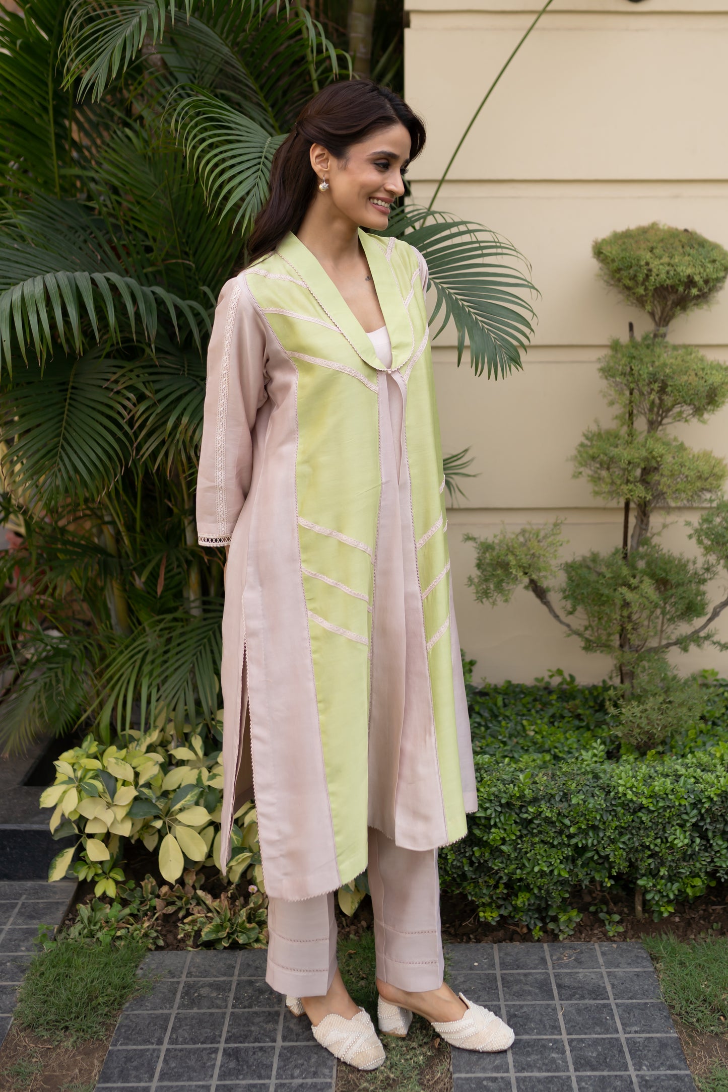 Nude & Apple Green color blocked Jacket