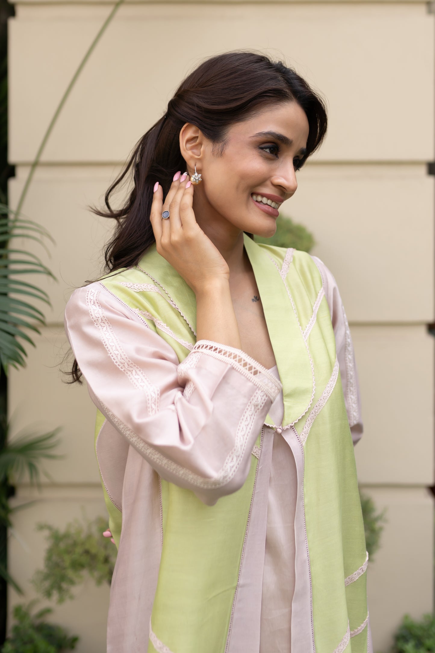 Nude & Apple Green color blocked Jacket
