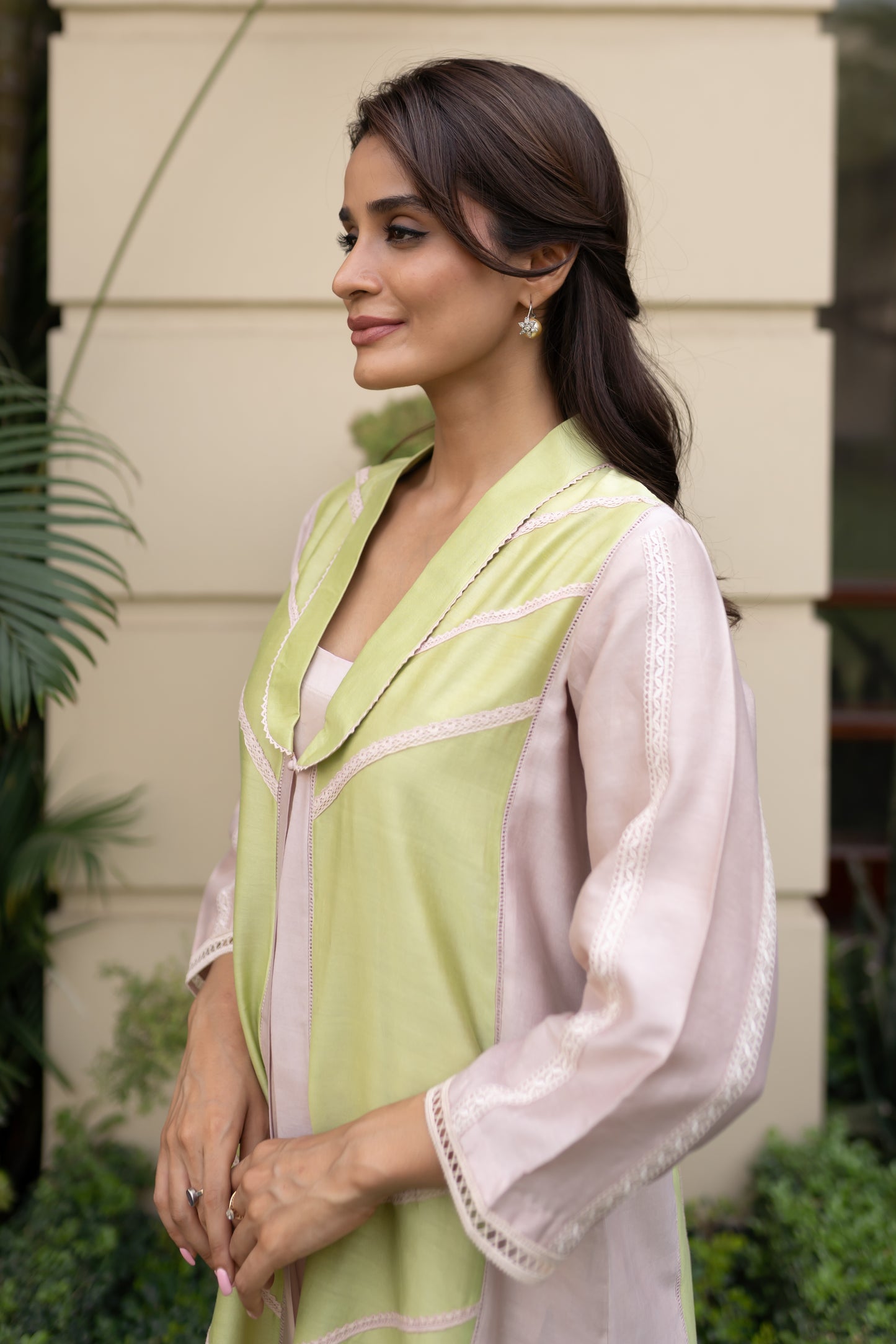 Nude & Apple Green color blocked Jacket