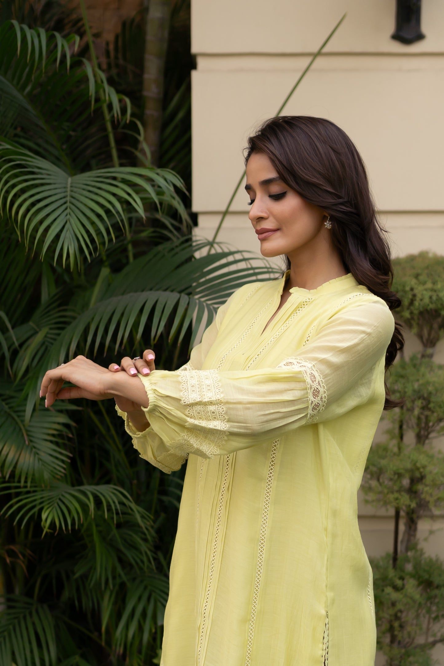 Lime Green Mul tunic with pintucks