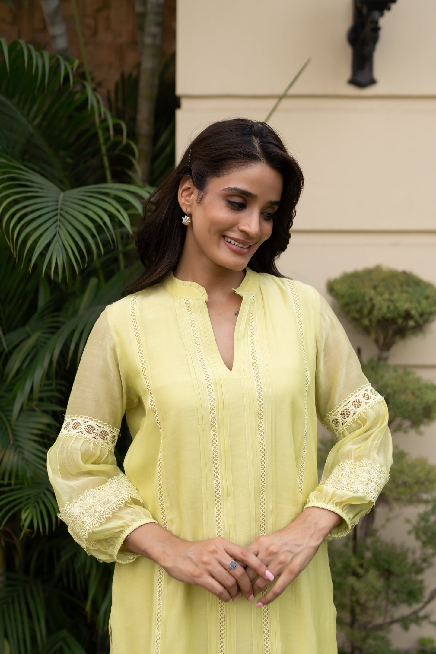Lime Green Mul tunic with pintucks