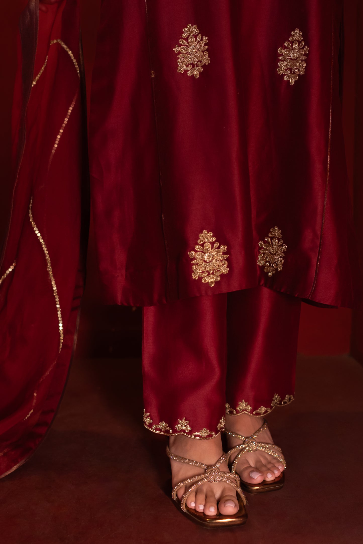 Wine Shoulder Kali Chanderi Kurta Set