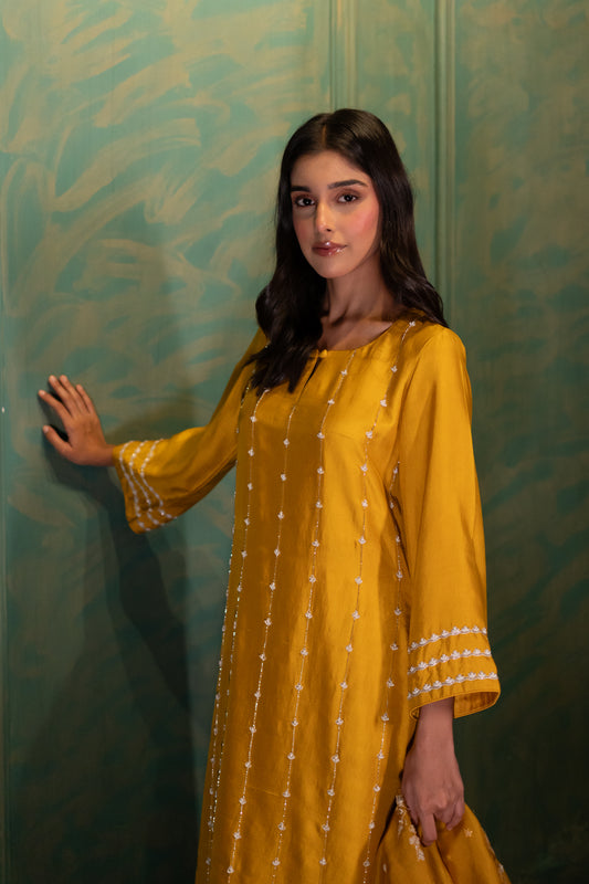 Mustard Dupion Silk Embroidered Kurta Set