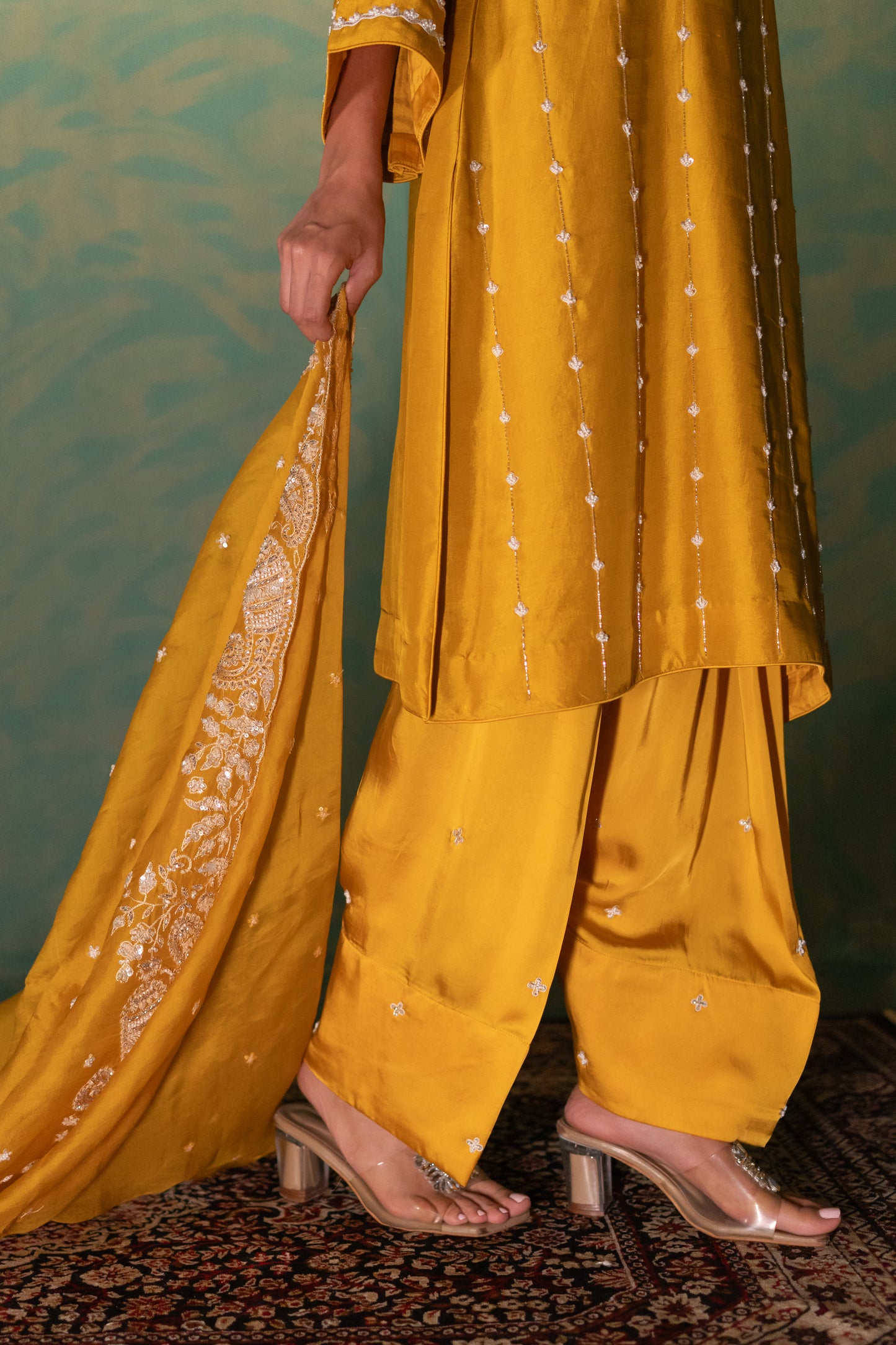 Mustard Dupion Silk Embroidered Kurta Set