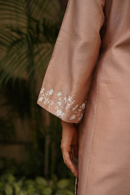 Beige Chanderi kali kurta with pants and organza scalloped dupatta