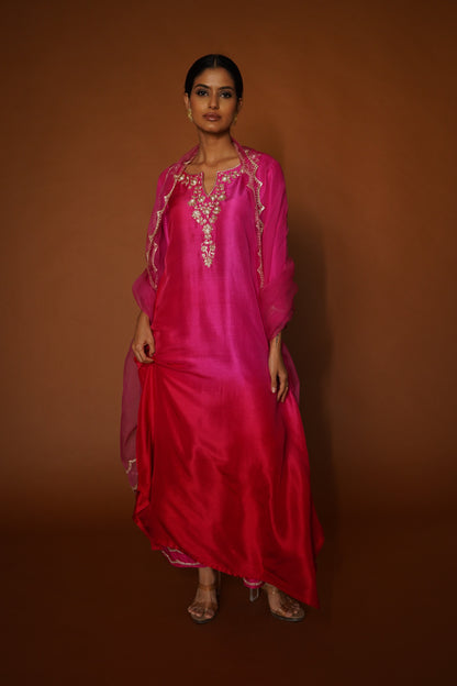 Pink & Red Ombre Assymetrical Kurta with Silk Pants & Organza Dupatta