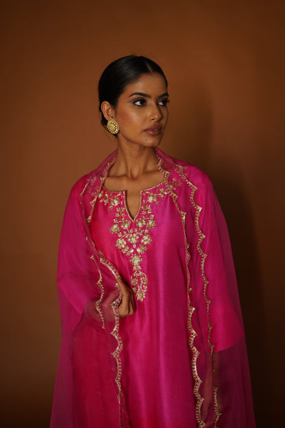 Pink & Red Ombre Assymetrical Kurta with Silk Pants & Organza Dupatta