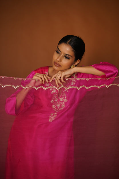 Pink & Red Ombre Assymetrical Kurta with Silk Pants & Organza Dupatta