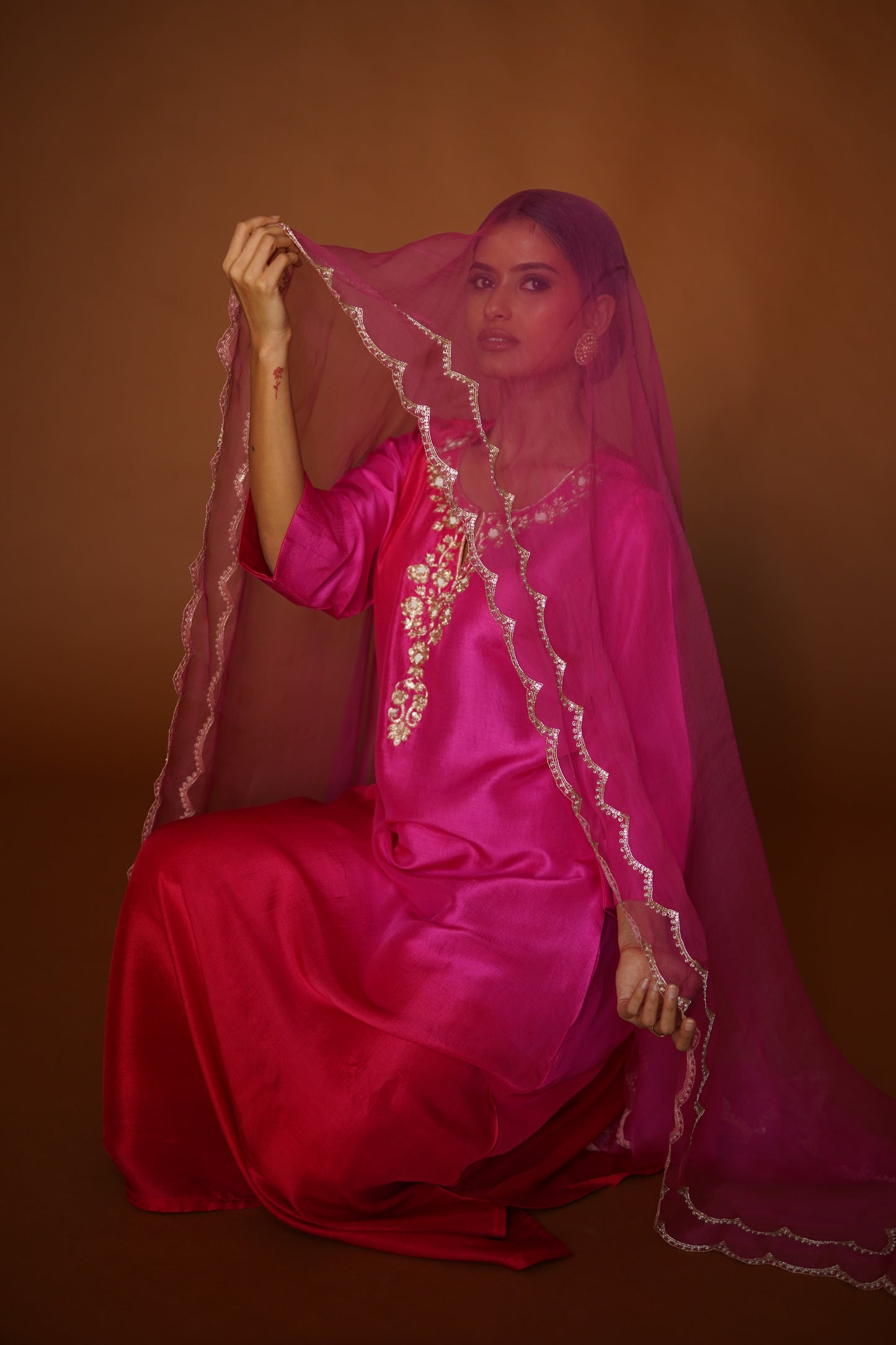 Pink & Red Ombre Assymetrical Kurta with Silk Pants & Organza Dupatta