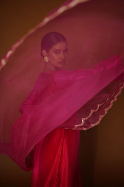 Pink & Red Ombre Assymetrical Kurta with Silk Pants & Organza Dupatta