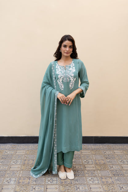 Sage green georgette kali kurta with ivory thread