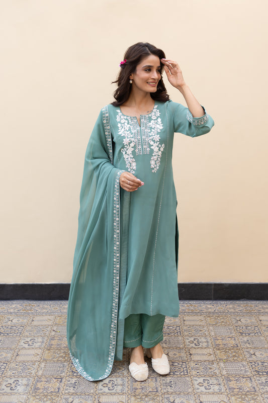 Sage green georgette kali kurta with ivory thread