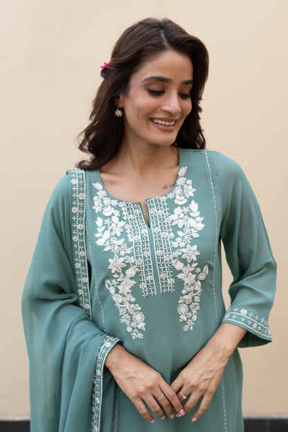 Sage green georgette kali kurta with ivory thread