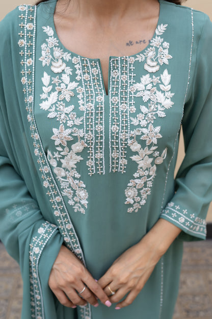 Sage green georgette kali kurta with ivory thread