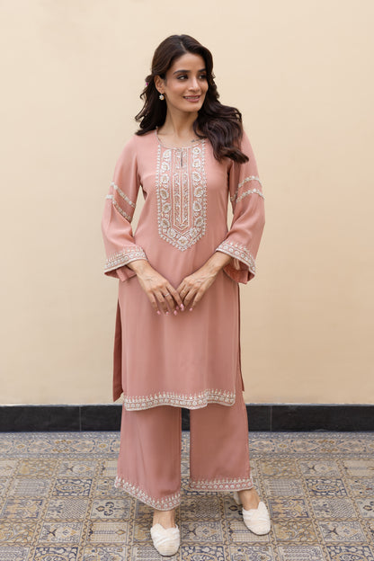 Salmon pink georgette kurta with flared sleeves