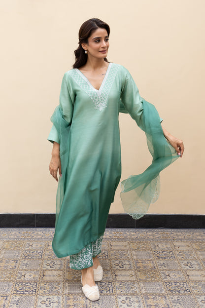 Sage green ombre Assymetrical kurta with cutdana