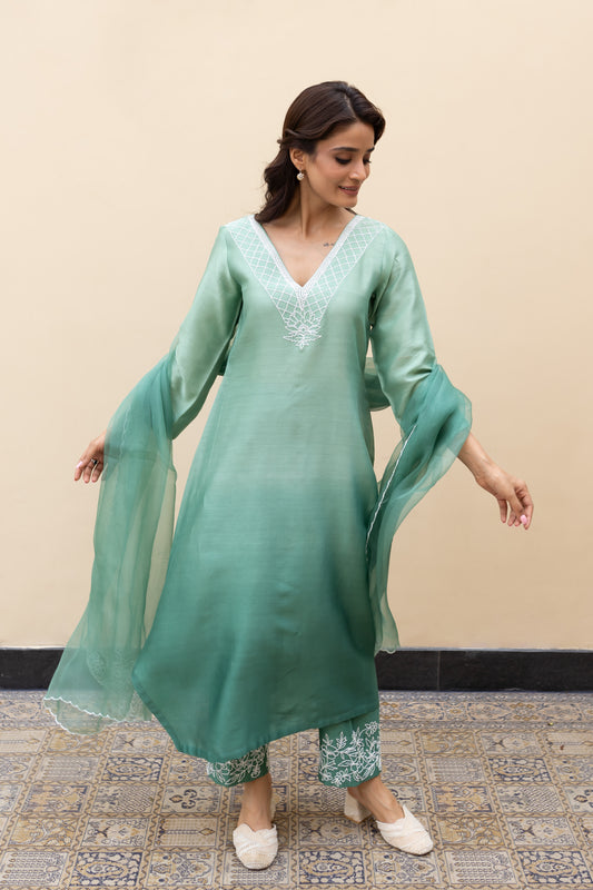 Sage green ombre Assymetrical kurta with cutdana