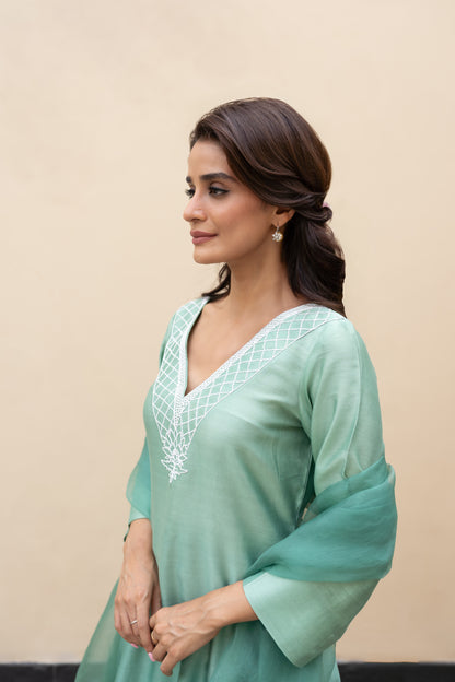 Sage green ombre Assymetrical kurta with cutdana
