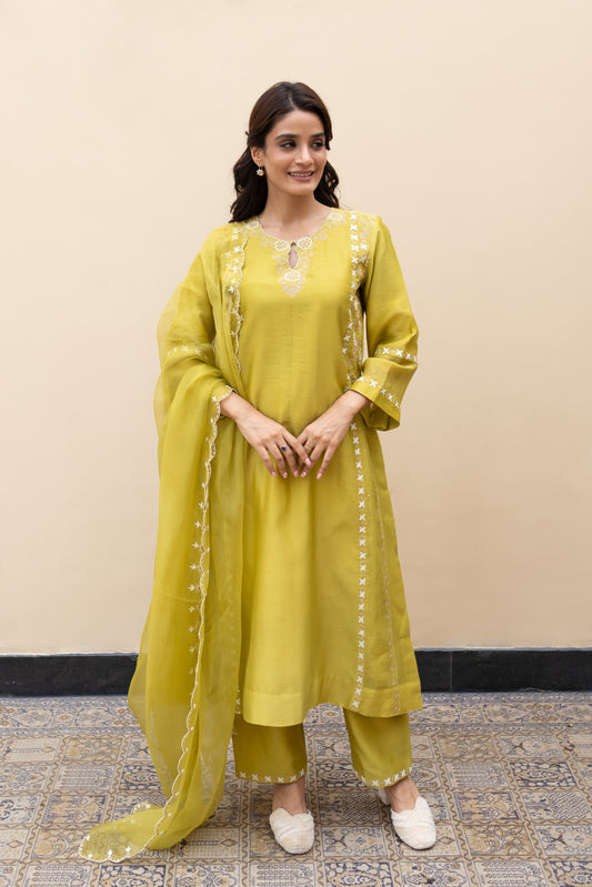 Olive green double kali kurta with mukaish kalis