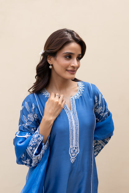 Moroccon Blue kali kurta with Aari work