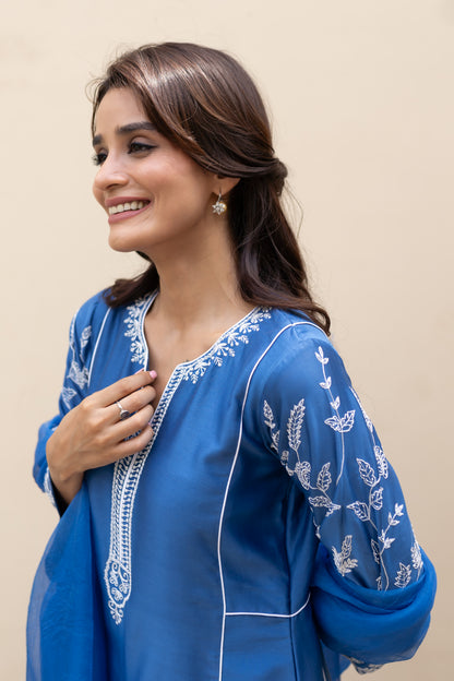 Moroccon Blue kali kurta with Aari work