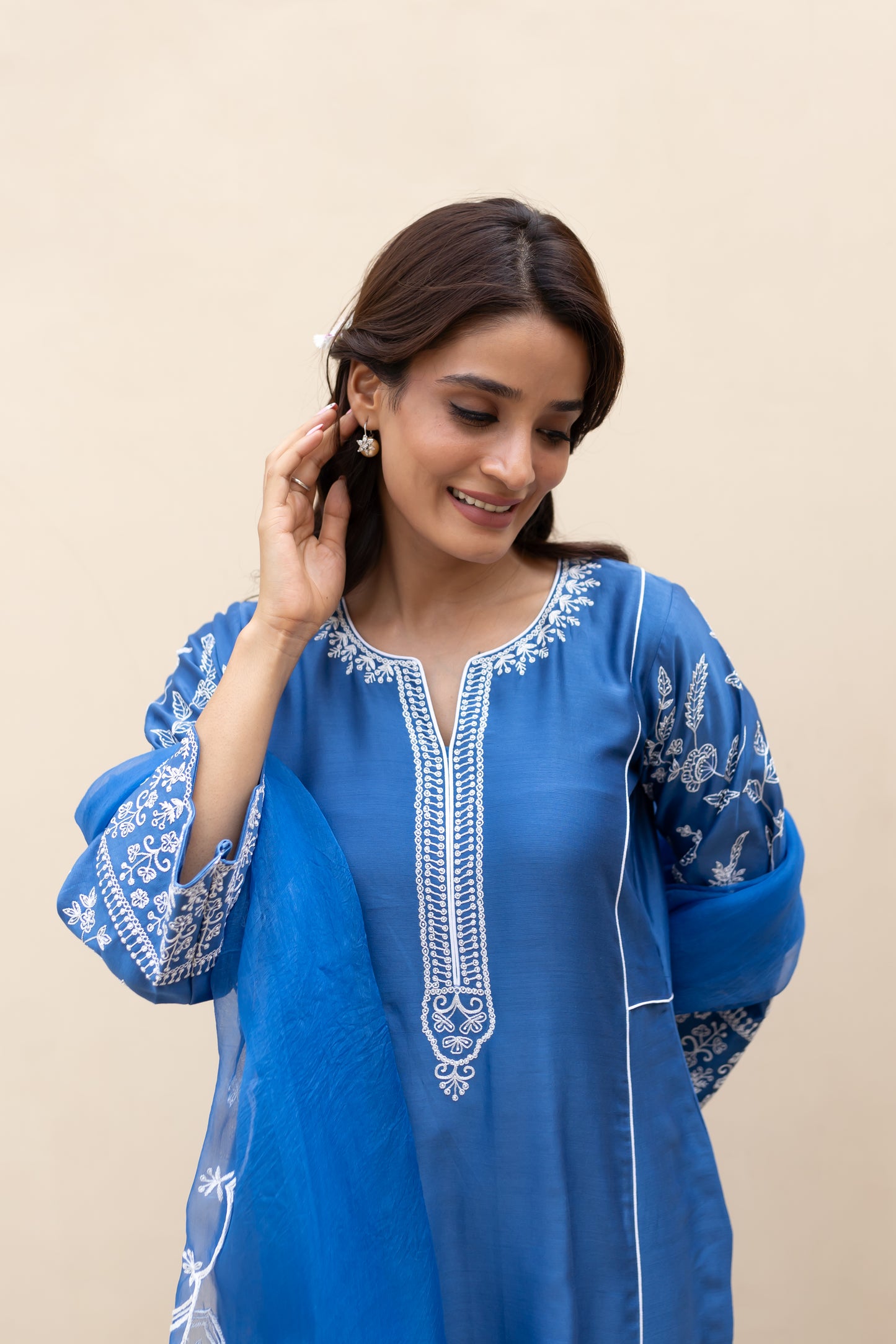 Moroccon Blue kali kurta with Aari work