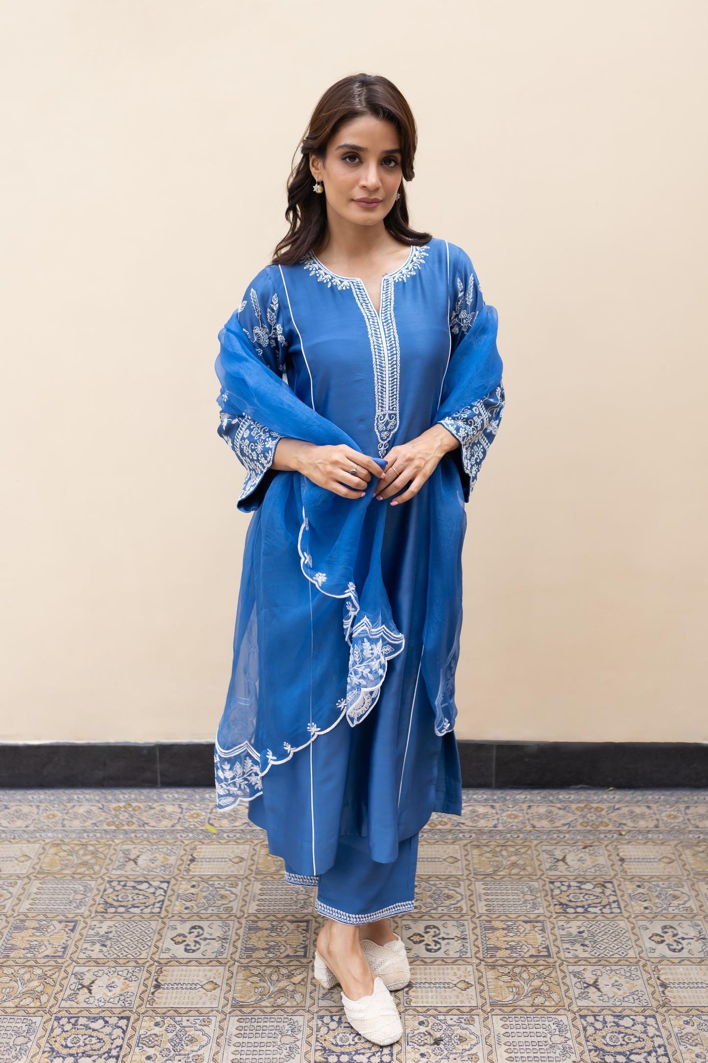 Moroccon Blue kali kurta with Aari work