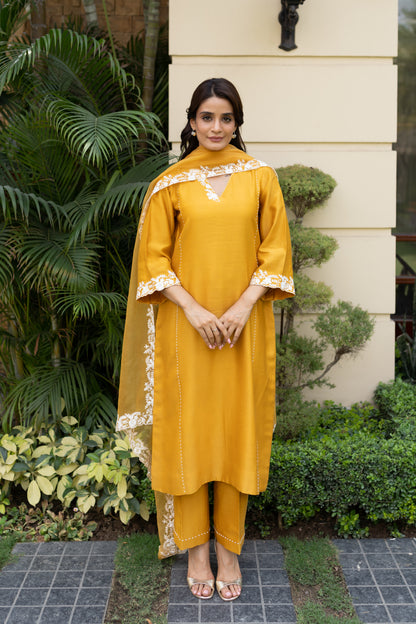 Mustard Parsi thread work shoulder kali kurta