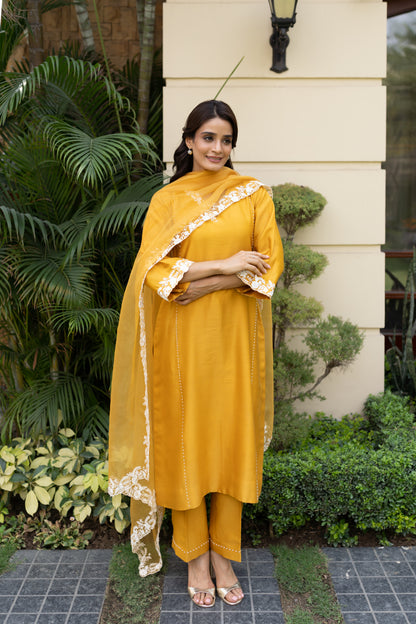 Mustard Parsi thread work shoulder kali kurta