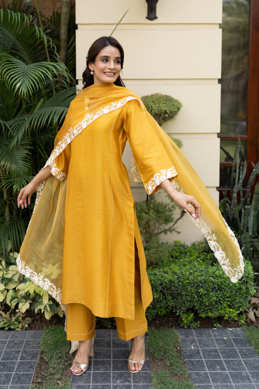 Mustard Parsi thread work shoulder kali kurta