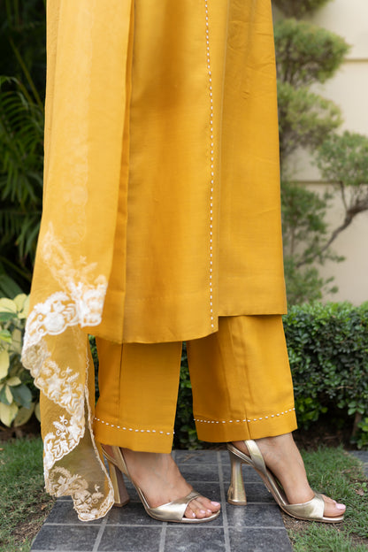 Mustard Parsi thread work shoulder kali kurta