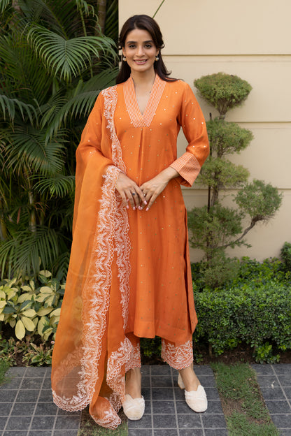 Burnt Orange Mukaish kurta with a box pleat