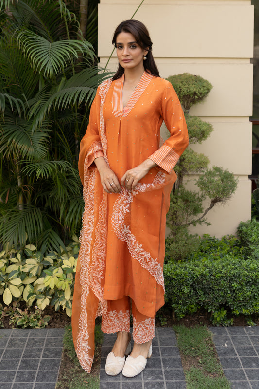Burnt Orange Mukaish kurta with a box pleat
