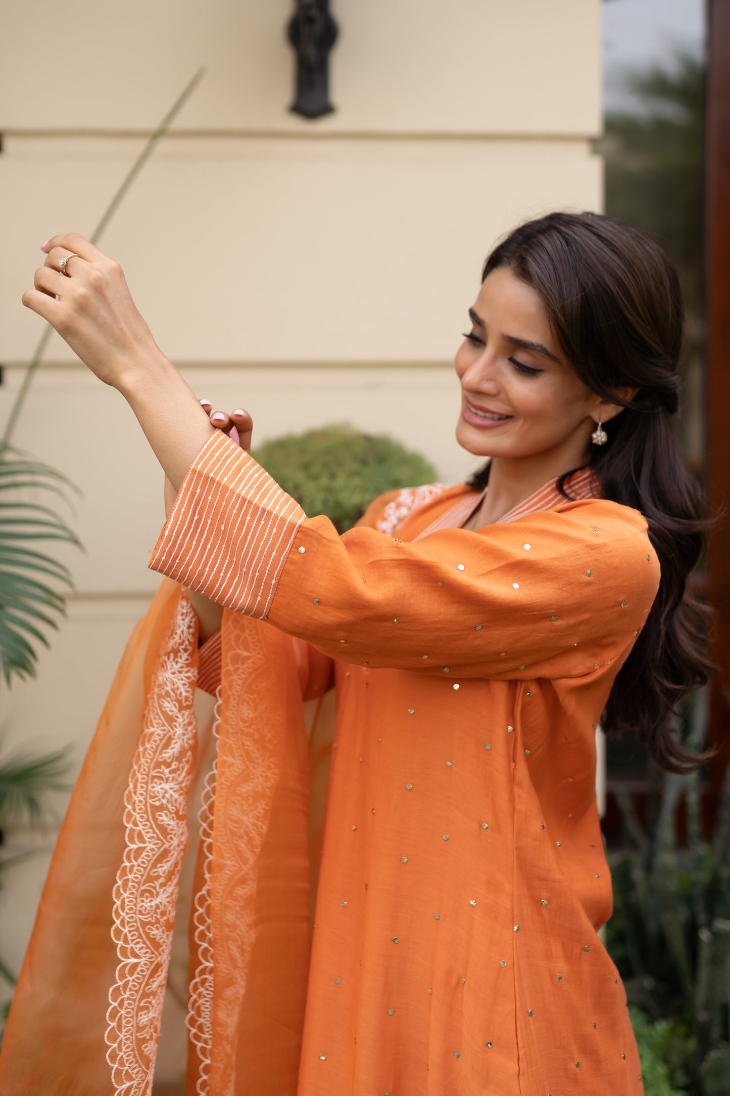 Burnt Orange Mukaish kurta with a box pleat