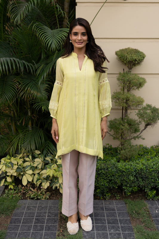 Lime Green Mul tunic with pintucks