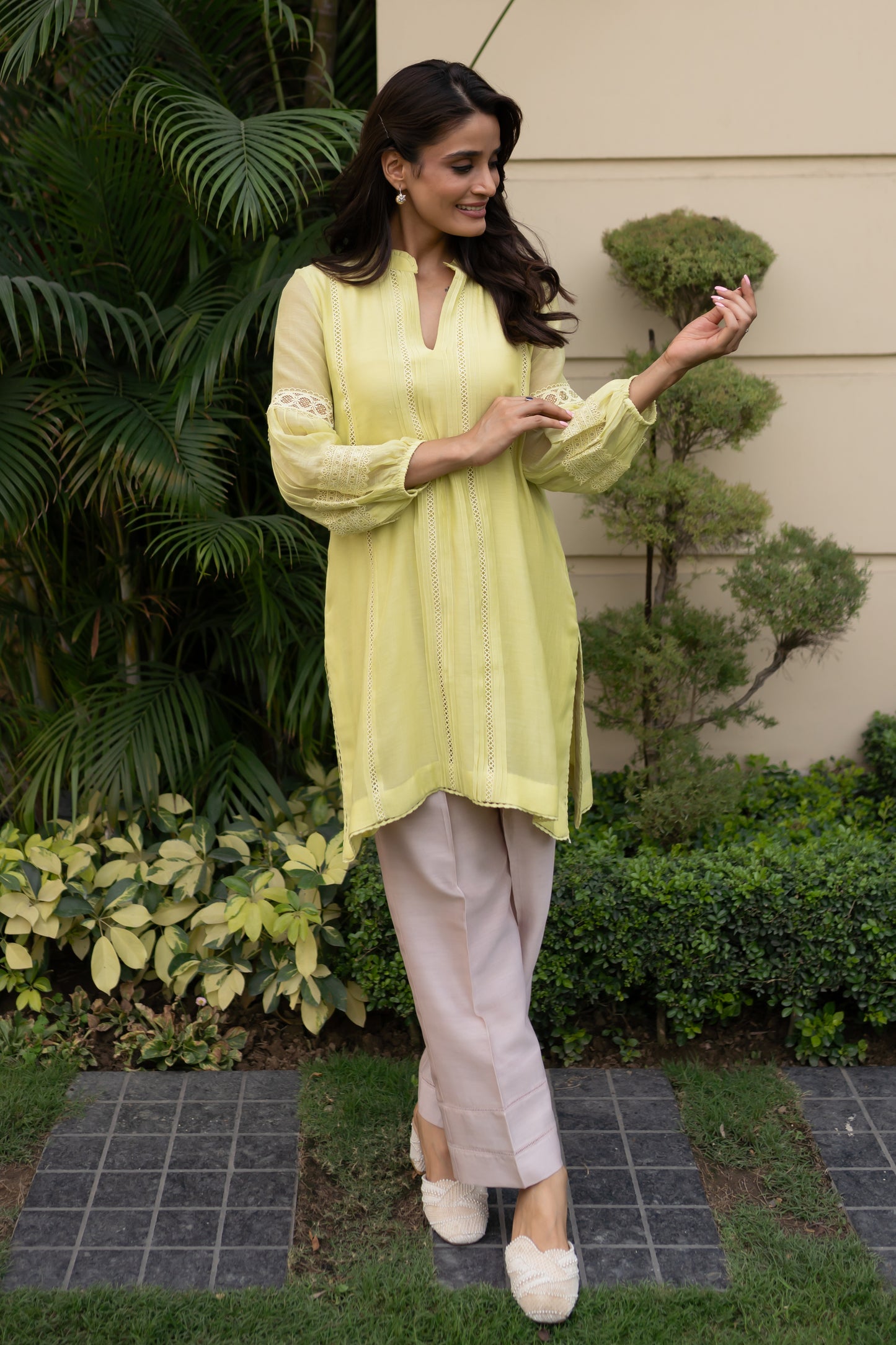 Lime Green Mul tunic with pintucks