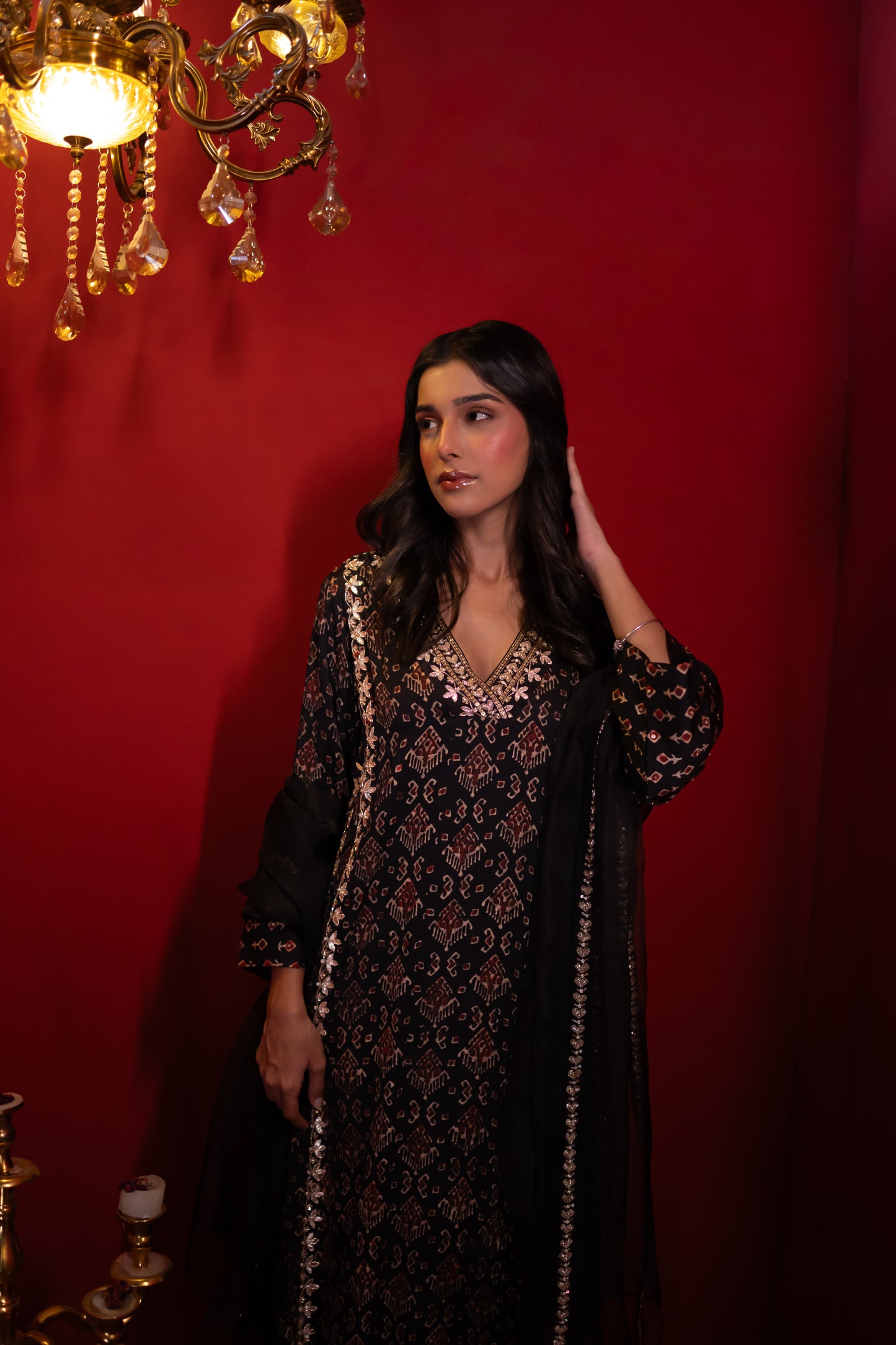 Black Modal Satin Ajrakh Print Double Kali Kurta Set