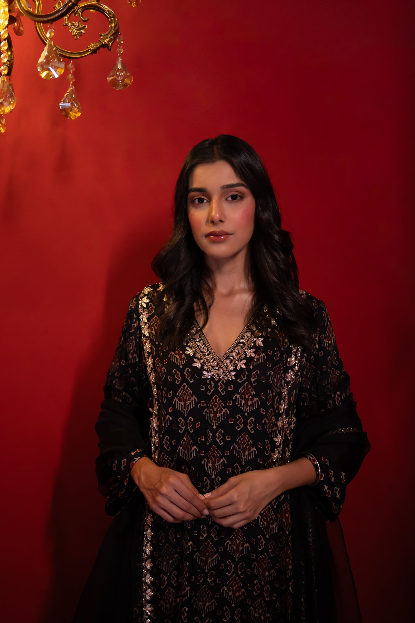 Black Modal Satin Ajrakh Print Double Kali Kurta Set