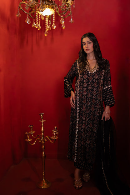 Black Modal Satin Ajrakh Print Double Kali Kurta Set