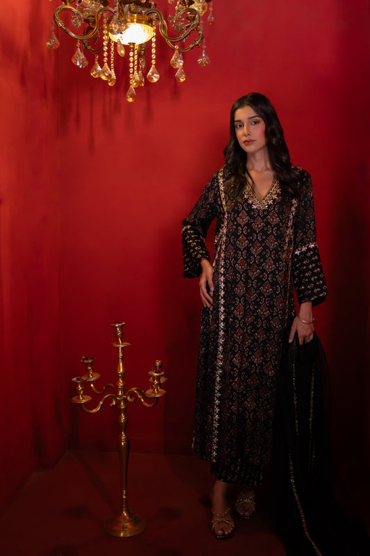 Black Modal Satin Ajrakh Print Double Kali Kurta Set
