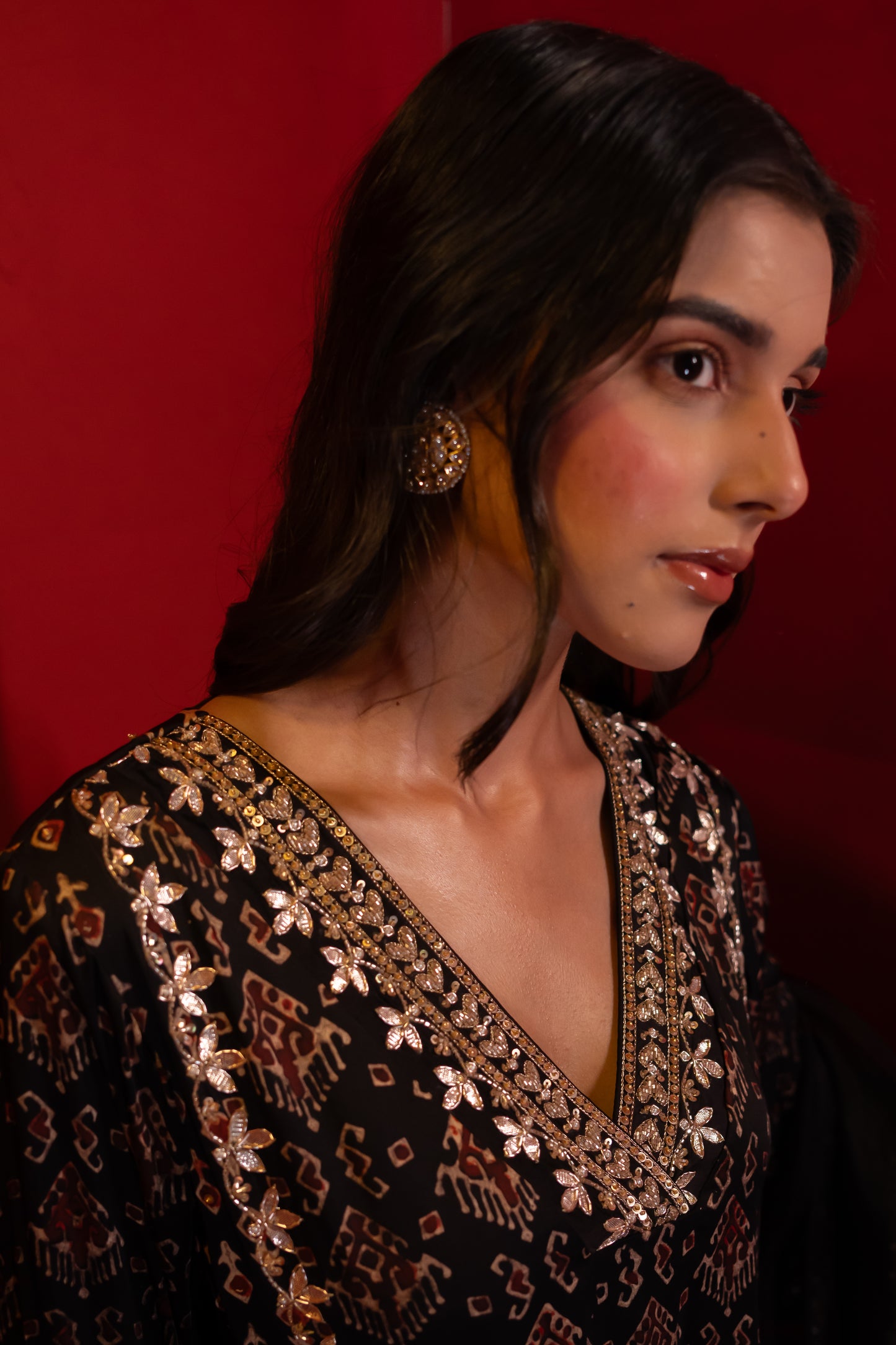 Black Modal Satin Ajrakh Print Double Kali Kurta Set